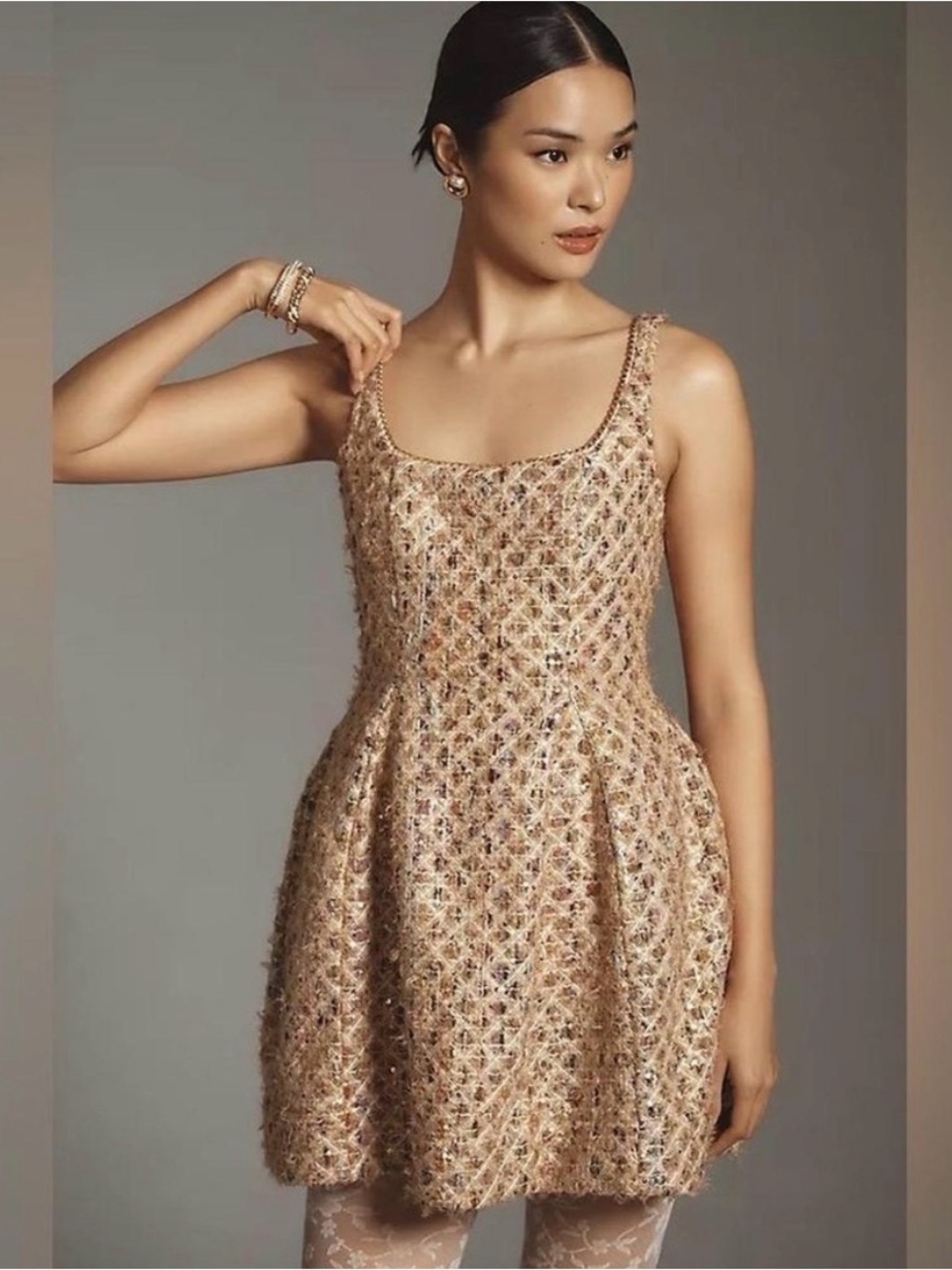 Maeve Champagne Tweed Mini Dress